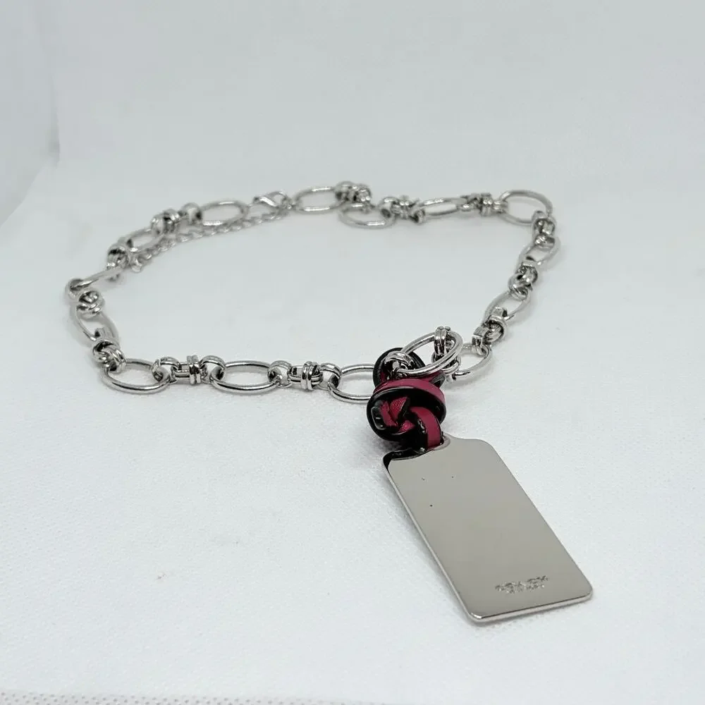 Coach Silver Hang Tag Pendant Necklace w/Red Leather Fob Silver Chain 18 Inch - Picture 7 of 9